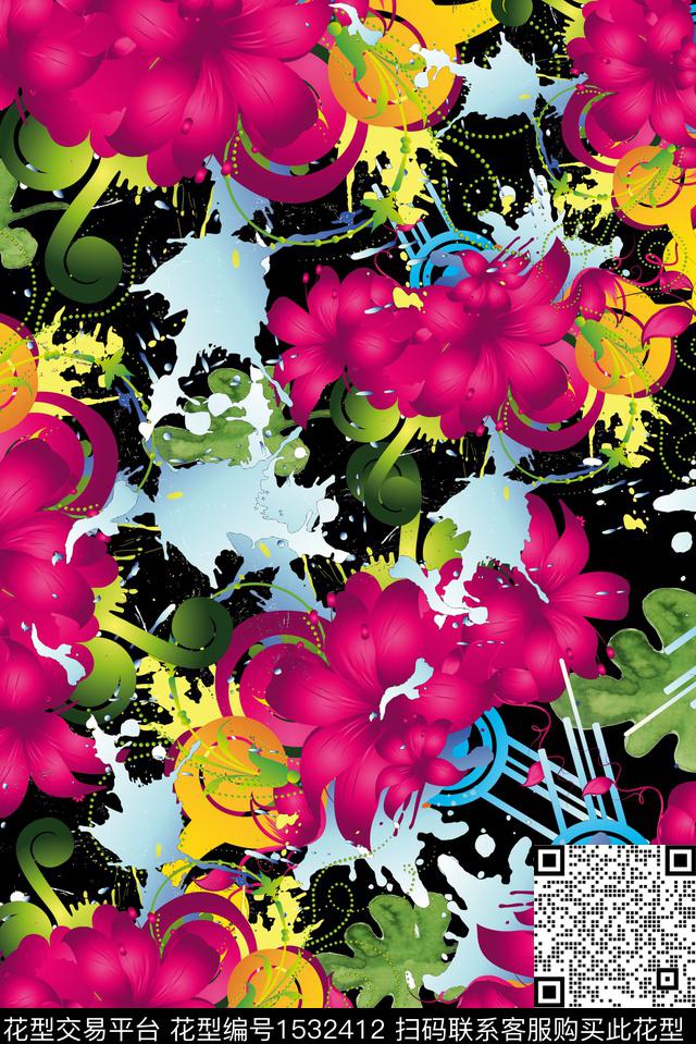 墨迹花卉女装数码印花华亿平台下载（图片编号: 1532412） - 瓦栏（Walan）