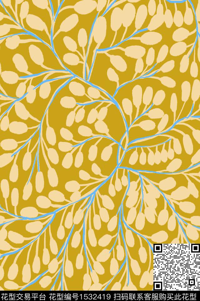 剪影线条绿植树叶数码印花华亿平台下载（图片编号: 1532419） - 瓦栏（Walan）