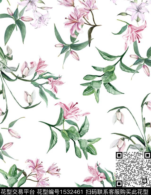 花卉水彩白底花数码印花华亿平台下载（图片编号: 1532461） - 瓦栏（Walan）