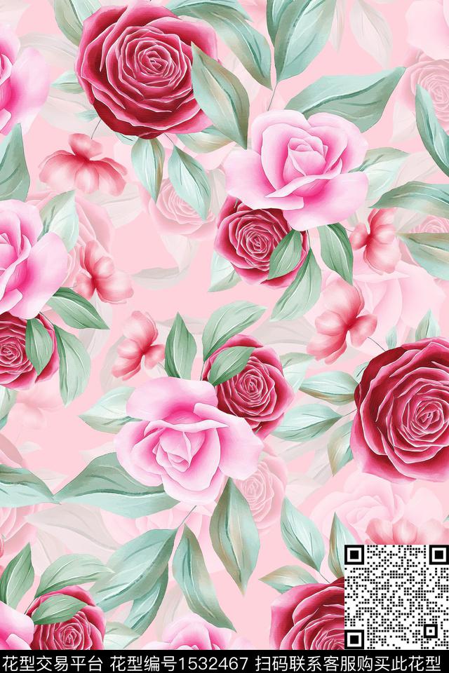 大花水彩花卉数码印花华亿平台下载（图片编号: 1532467） - 瓦栏（Walan）