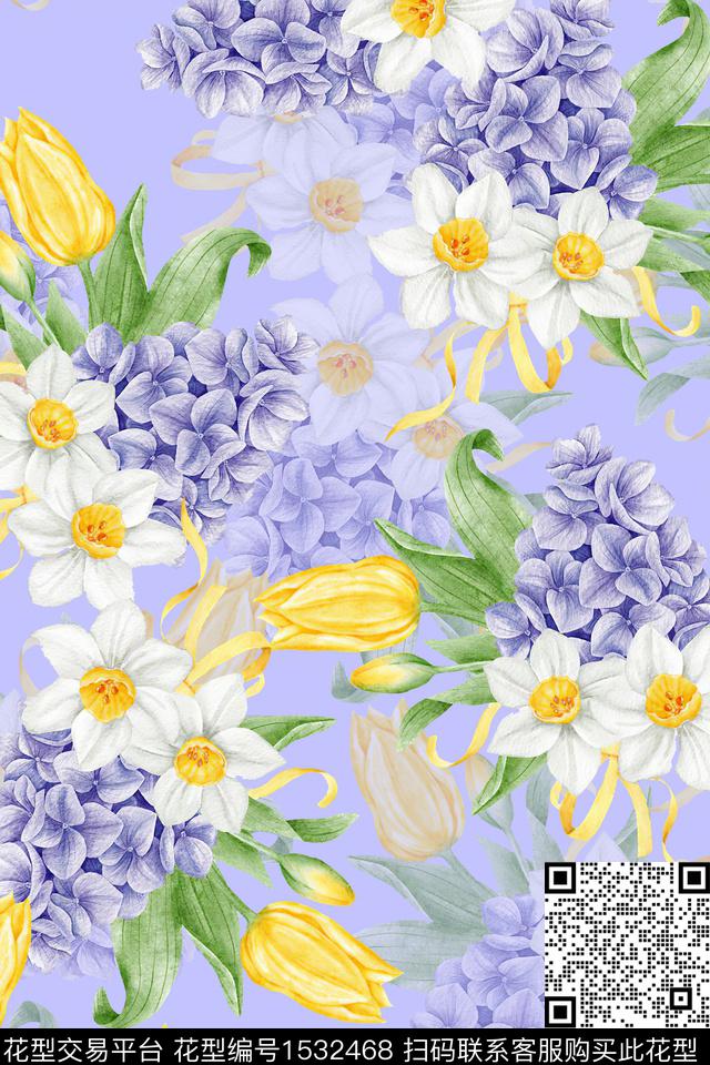 大花水彩花卉数码印花华亿平台下载（图片编号: 1532468） - 瓦栏（Walan）