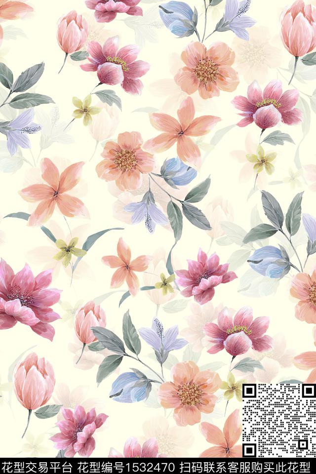 女装水彩花卉数码印花华亿平台下载（图片编号: 1532470） - 瓦栏（Walan）