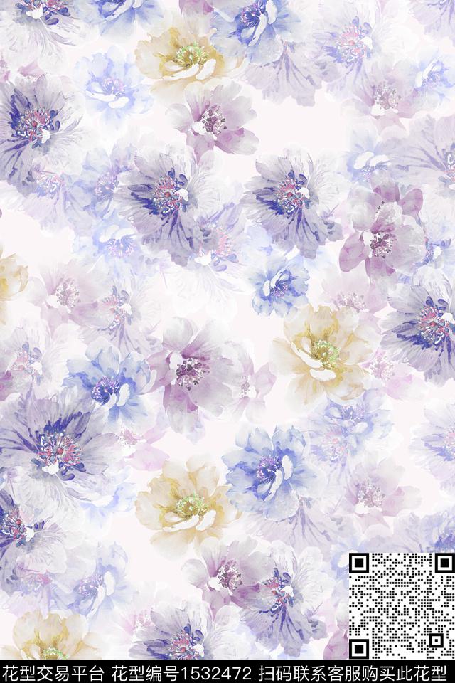女装水彩花卉数码印花华亿平台下载（图片编号: 1532472） - 瓦栏（Walan）