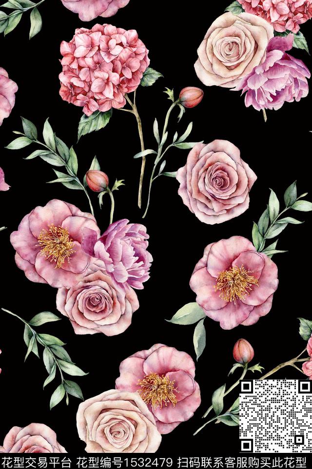 黑底花卉水彩花卉绿植树叶数码印花华亿平台下载（图片编号: 1532479） - 瓦栏（Walan）