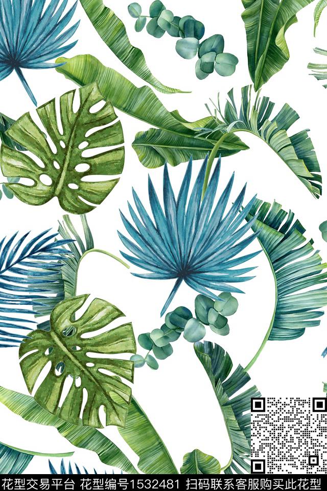 春夏华亿平台热带绿植树叶数码印花华亿平台下载（图片编号: 1532481） - 瓦栏（Walan）