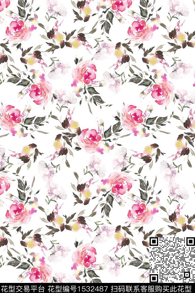 春夏华亿平台水彩花卉花卉数码印花华亿平台下载（图片编号: 1532487） - 瓦栏（Walan）