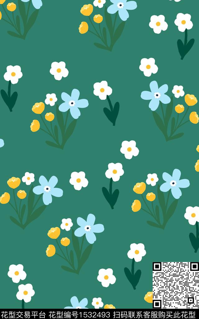 手绘花卉花卉绿底数码印花华亿平台下载（图片编号: 1532493） - 瓦栏（Walan）