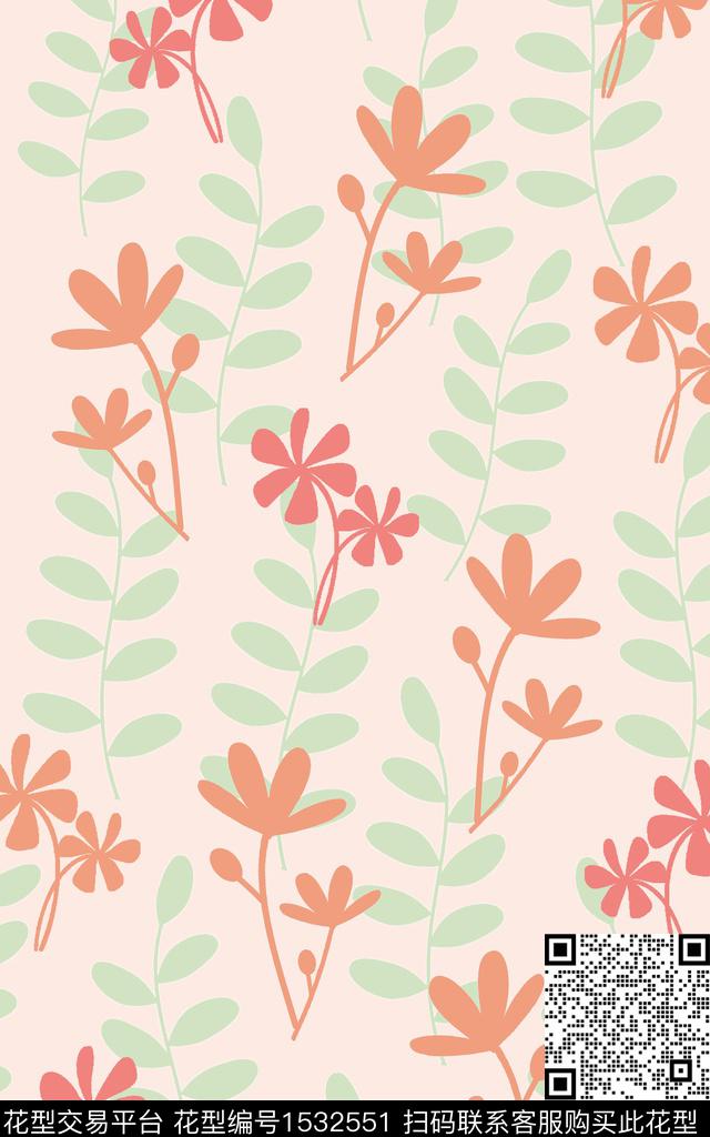 花卉简约清爽底花卉数码印花华亿平台下载（图片编号: 1532551） - 瓦栏（Walan）