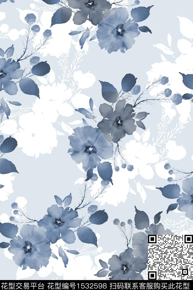 影花水彩花卉数码印花华亿平台下载（图片编号: 1532598） - 瓦栏（Walan）