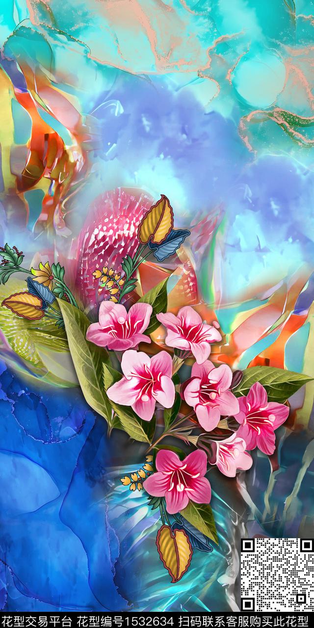 抽象时尚花卉数码印花华亿平台下载（图片编号: 1532634） - 瓦栏（Walan）