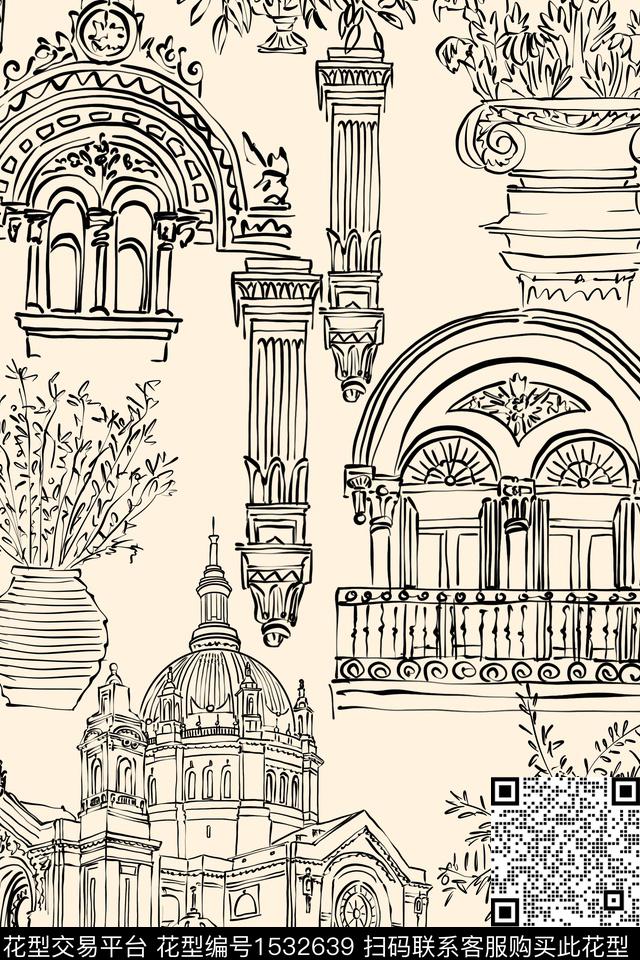 建筑线条简约数码印花华亿平台下载（图片编号: 1532639） - 瓦栏（Walan）