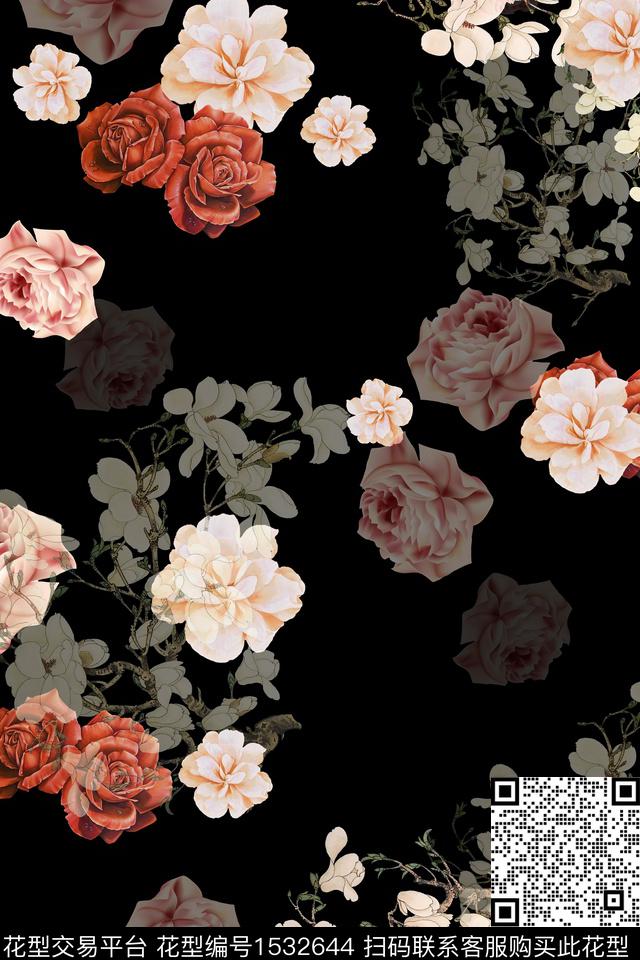 花卉水彩黑底花卉数码印花华亿平台下载（图片编号: 1532644） - 瓦栏（Walan）
