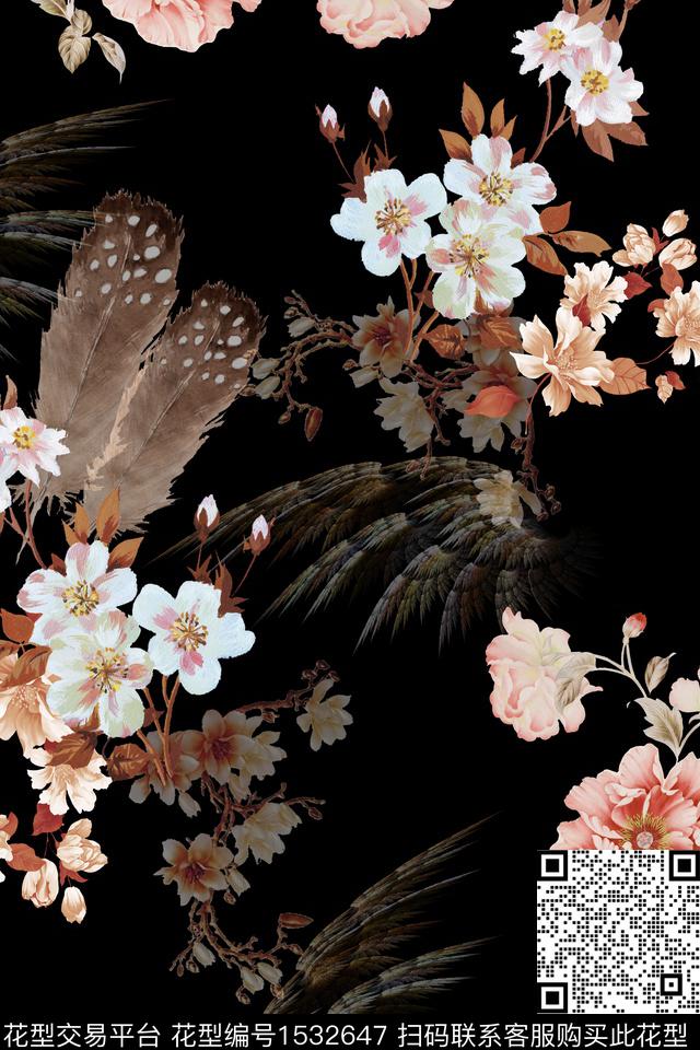 花卉水彩黑底花卉数码印花华亿平台下载（图片编号: 1532647） - 瓦栏（Walan）