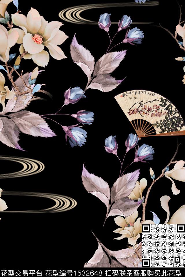 花卉扇子黑底花卉数码印花华亿平台下载（图片编号: 1532648） - 瓦栏（Walan）