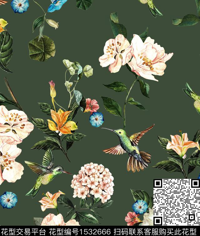 水彩花卉花卉喜鹊数码印花华亿平台下载（图片编号: 1532666） - 瓦栏（Walan）