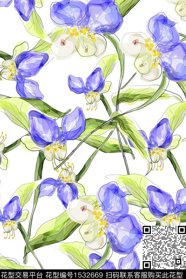 花卉绿植树叶抽象花卉数码印花华亿平台下载（图片编号: 1532669） - 瓦栏（Walan）