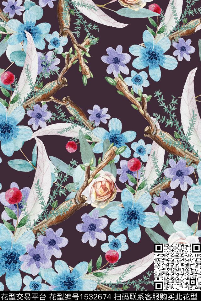 花卉绿植树叶树枝数码印花华亿平台下载（图片编号: 1532674） - 瓦栏（Walan）