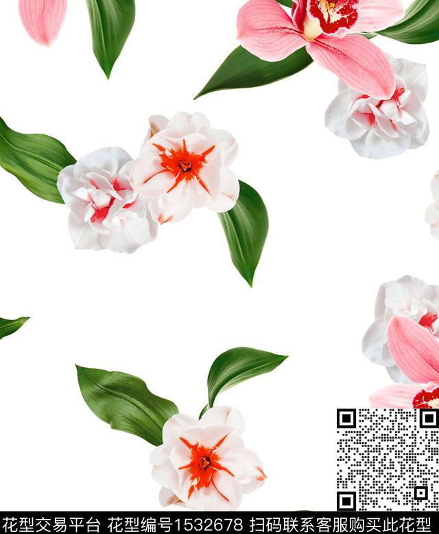 花卉白底花简约数码印花华亿平台下载（图片编号: 1532678） - 瓦栏（Walan）