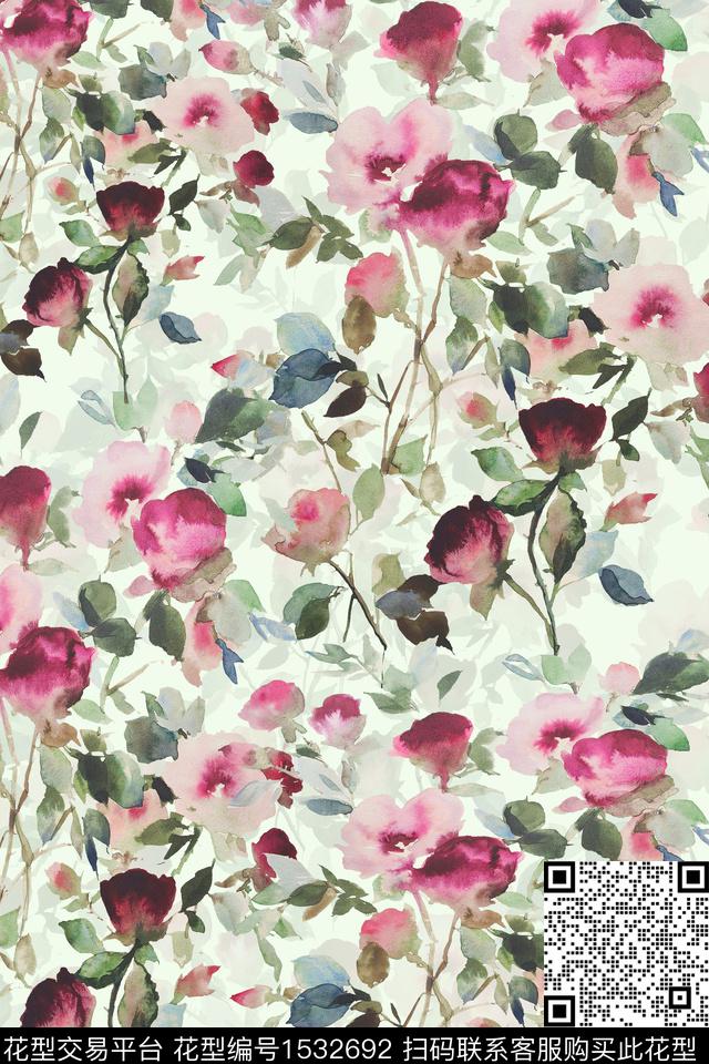 水彩满版花卉数码印花华亿平台下载（图片编号: 1532692） - 瓦栏（Walan）