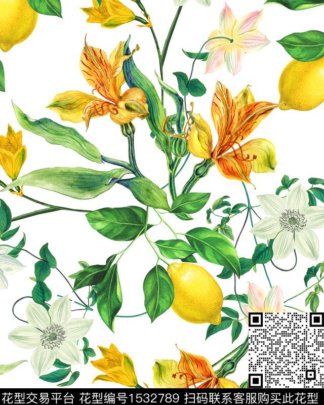 花卉柠檬白底花数码印花华亿平台下载（图片编号: 1532789） - 瓦栏（Walan）