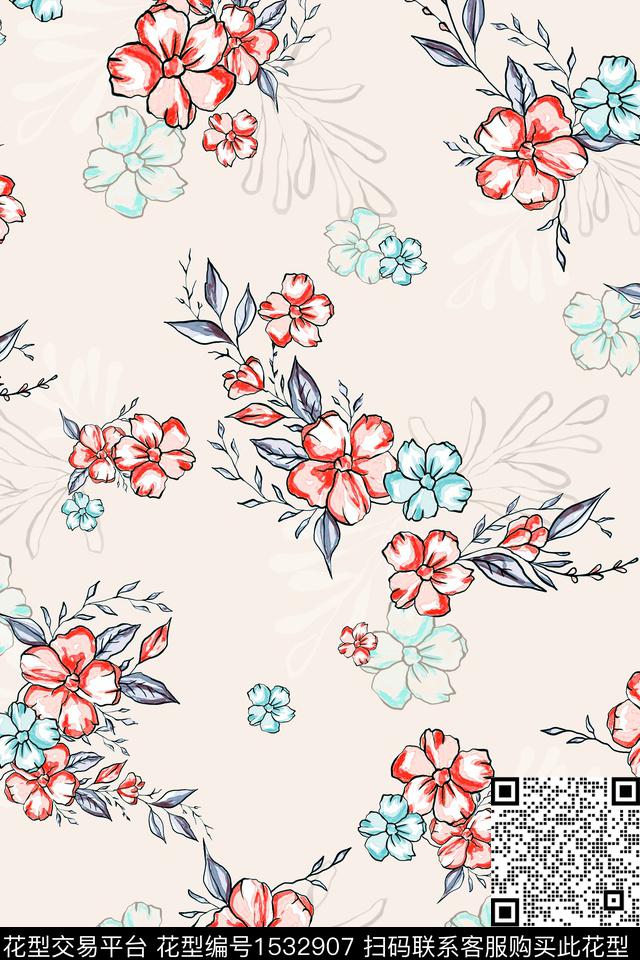 手绘花卉清爽年轻女性数码印花华亿平台下载（图片编号: 1532907） - 瓦栏（Walan）
