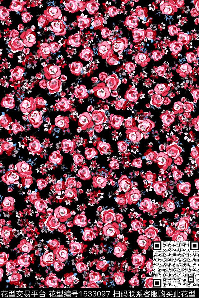 黑底花卉花卉小碎花数码印花华亿平台下载（图片编号: 1533097） - 瓦栏（Walan）
