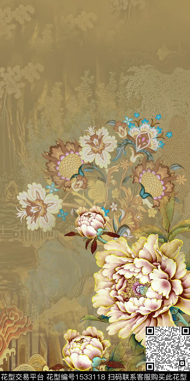 香云纱真丝大花数码印花华亿平台下载（图片编号: 1533118） - 瓦栏（Walan）