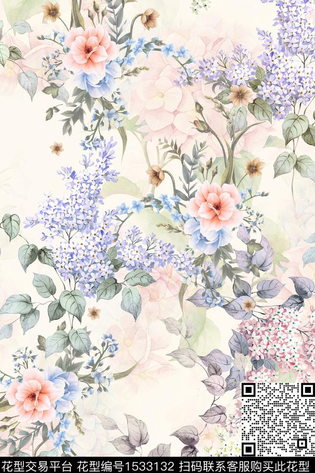 手绘花卉底纹花中老年花数码印花华亿平台下载（图片编号: 1533132） - 瓦栏（Walan）