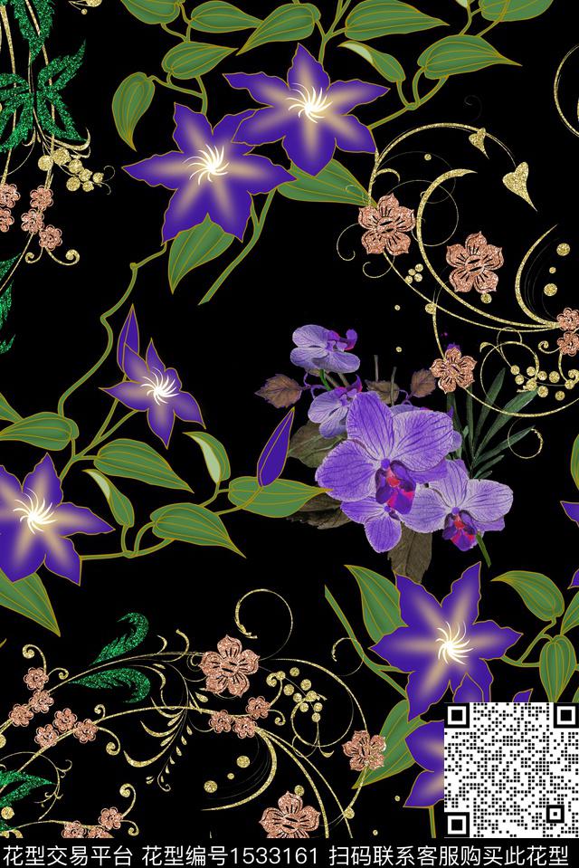 花卉绿植树叶黑底花卉数码印花华亿平台下载（图片编号: 1533161） - 瓦栏（Walan）