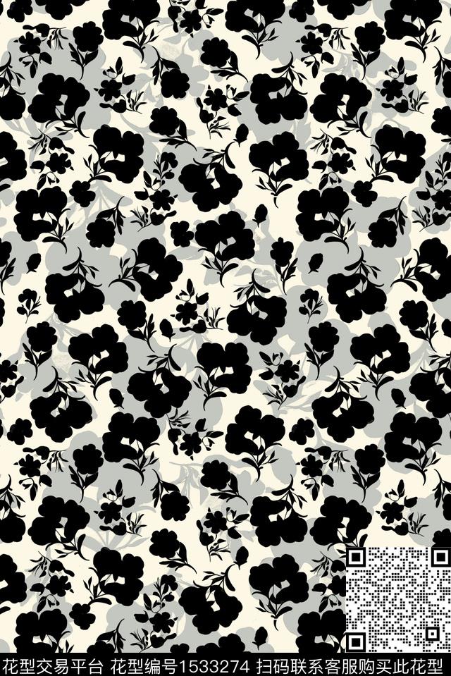黑白华亿平台花卉小碎花传统印花华亿平台下载（图片编号: 1533274） - 瓦栏（Walan）