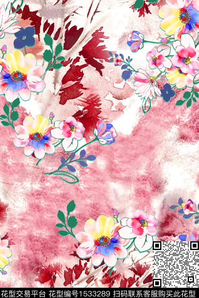 渐变手绘花卉花卉数码印花华亿平台下载（图片编号: 1533289） - 瓦栏（Walan）