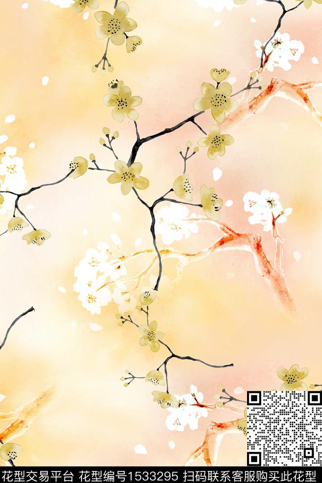 手绘花卉底纹棉麻系数码印花华亿平台下载（图片编号: 1533295） - 瓦栏（Walan）