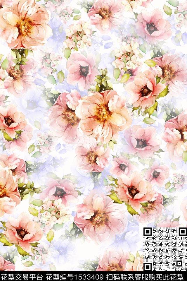花卉水彩女装数码印花华亿平台下载（图片编号: 1533409） - 瓦栏（Walan）