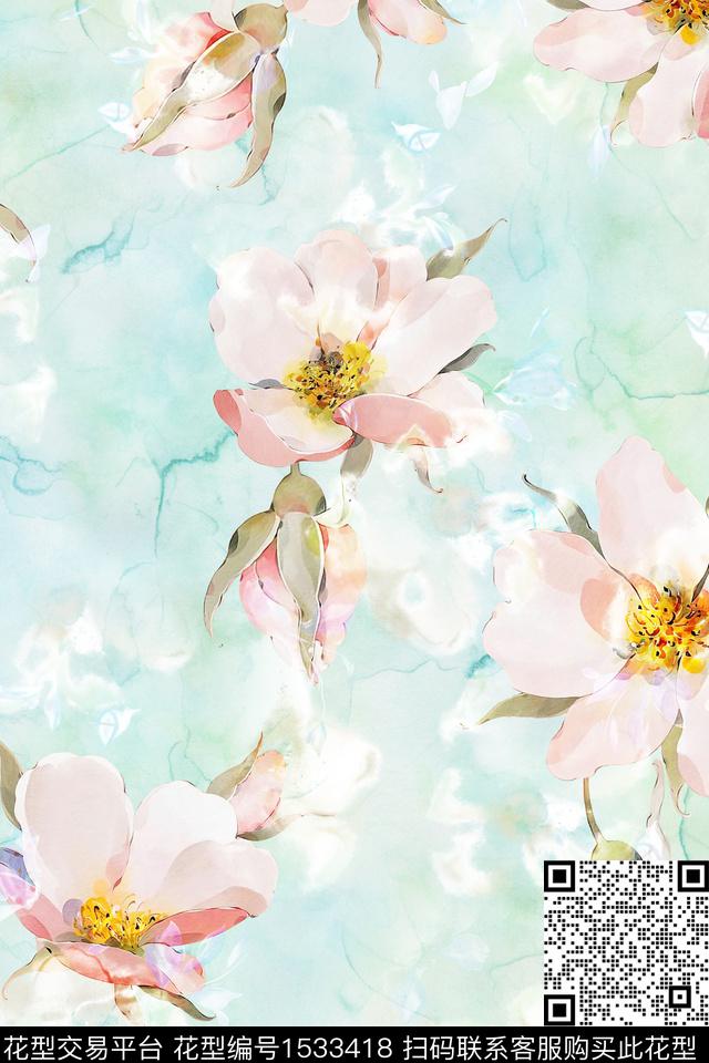 花卉手绘花卉棉麻风数码印花华亿平台下载（图片编号: 1533418） - 瓦栏（Walan）