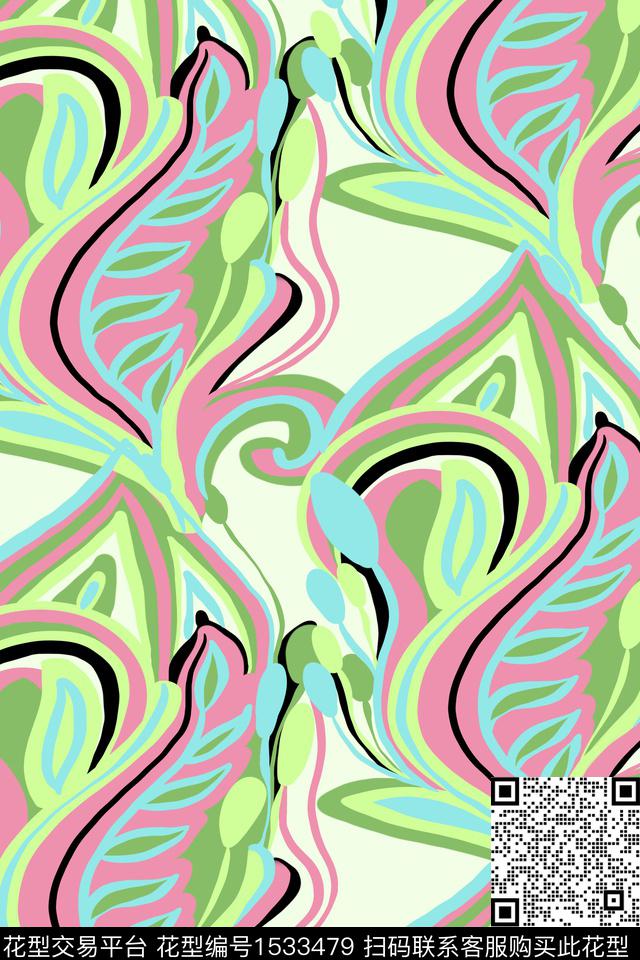 抽象花卉简约面块数码印花华亿平台下载（图片编号: 1533479） - 瓦栏（Walan）