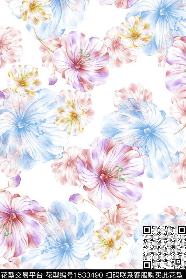 花卉大花绿植树叶数码印花华亿平台下载（图片编号: 1533490） - 瓦栏（Walan）