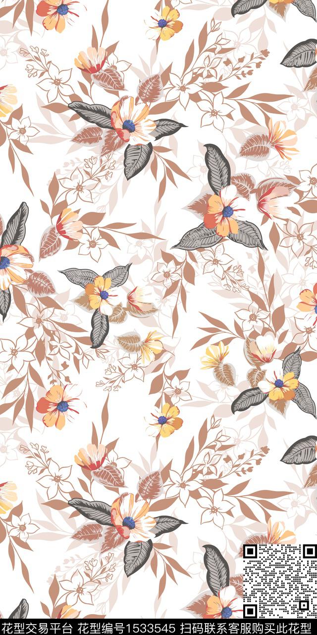 绿植树叶小花数码华亿平台数码印花华亿平台下载（图片编号: 1533545） - 瓦栏（Walan）