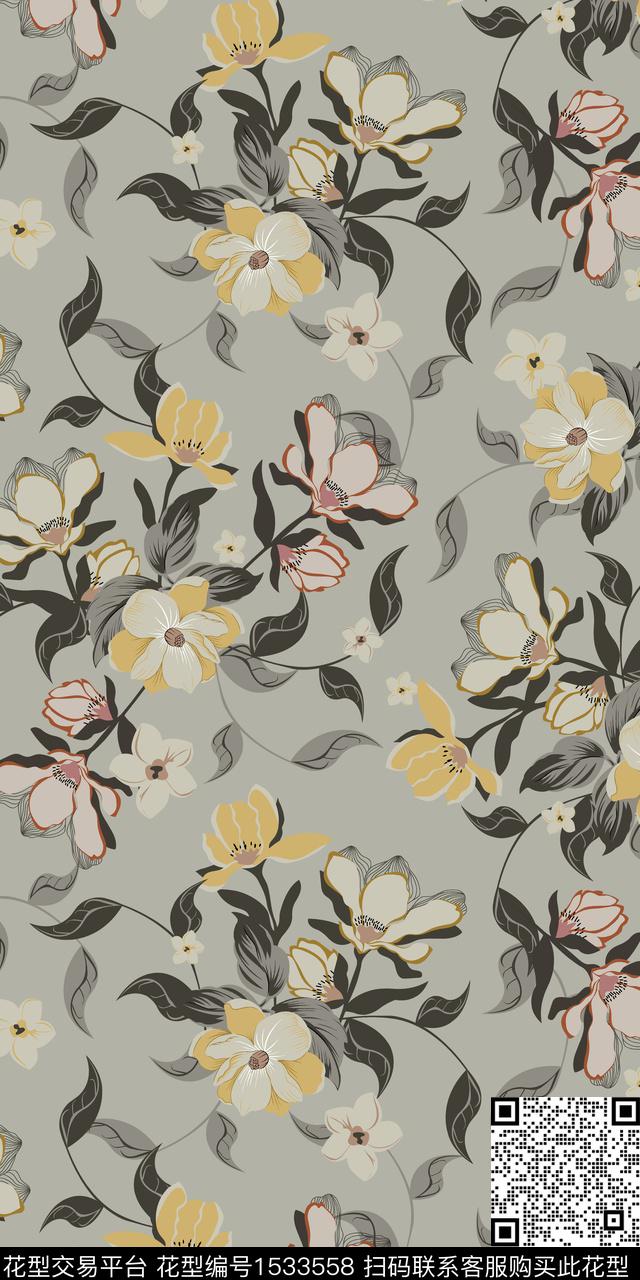 绿植树叶小花数码华亿平台数码印花华亿平台下载（图片编号: 1533558） - 瓦栏（Walan）