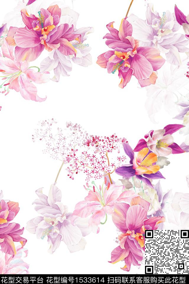 真丝春夏华亿平台水彩花卉数码印花华亿平台下载（图片编号: 1533614） - 瓦栏（Walan）