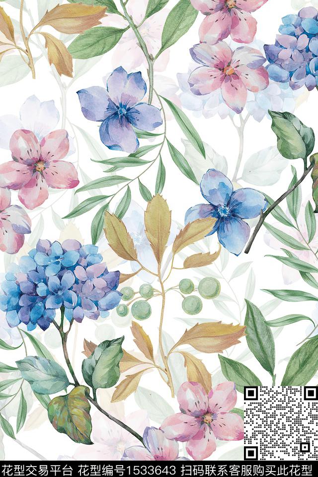水彩花卉女装数码印花华亿平台下载（图片编号: 1533643） - 瓦栏（Walan）