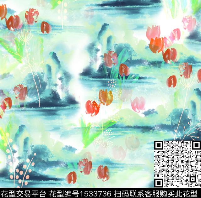 女装花卉连衣裙数码印花华亿平台下载（图片编号: 1533736） - 瓦栏（Walan）