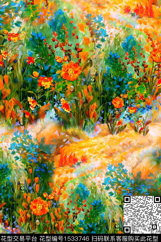 真丝小碎花油画华亿平台数码印花华亿平台下载（图片编号: 1533746） - 瓦栏（Walan）