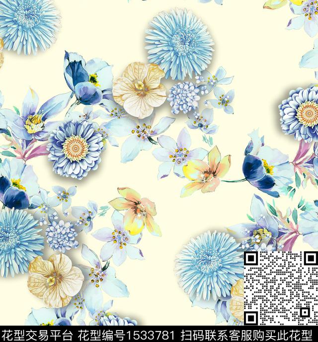 手绘满版散花数码华亿平台数码印花华亿平台下载（图片编号: 1533781） - 瓦栏（Walan）