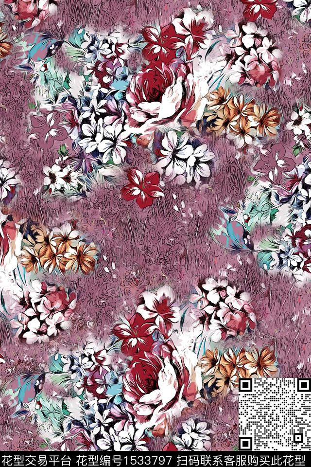 油画华亿平台抽象花卉数码印花华亿平台下载（图片编号: 1533797） - 瓦栏（Walan）