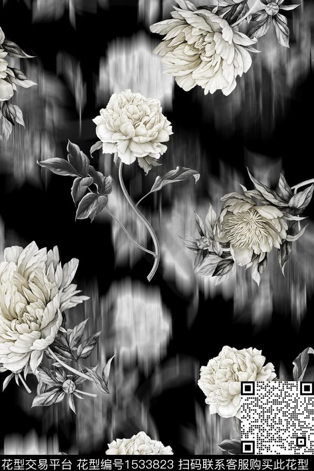 肌理黑底花卉花卉数码印花华亿平台下载（图片编号: 1533823） - 瓦栏（Walan）