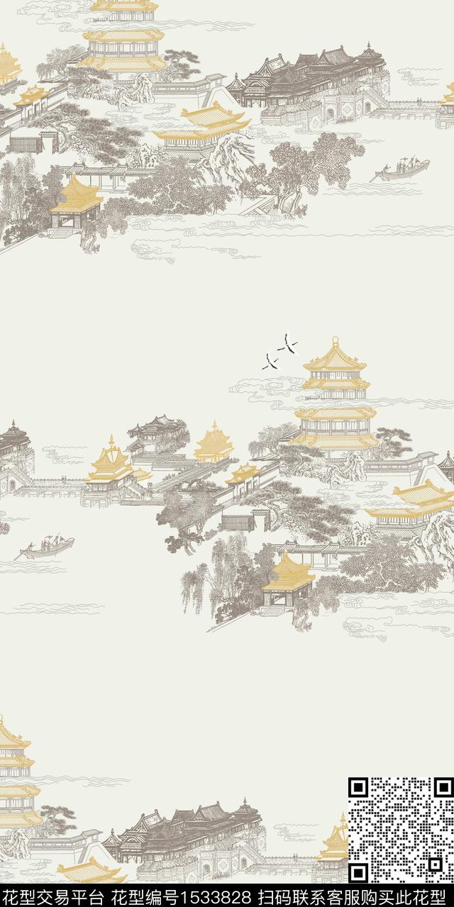 线条阁楼中国风数码印花华亿平台下载（图片编号: 1533828） - 瓦栏（Walan）