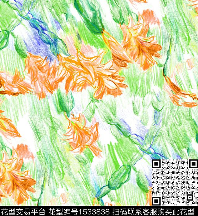 手绘清爽底花卉2024春夏数码印花华亿平台下载（图片编号: 1533838） - 瓦栏（Walan）