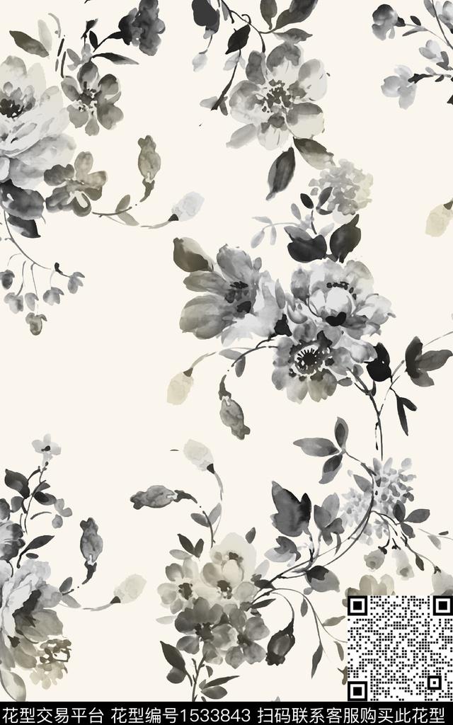 水墨女装花卉数码印花华亿平台下载（图片编号: 1533843） - 瓦栏（Walan）