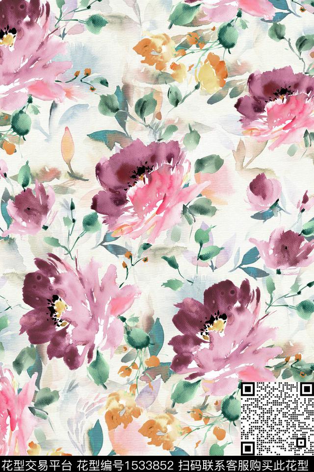 女装水彩花卉数码印花华亿平台下载（图片编号: 1533852） - 瓦栏（Walan）