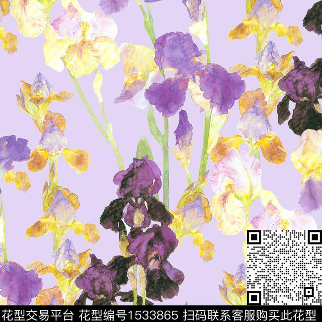 鸢尾花水彩花卉清爽底花卉数码印花华亿平台下载（图片编号: 1533865） - 瓦栏（Walan）